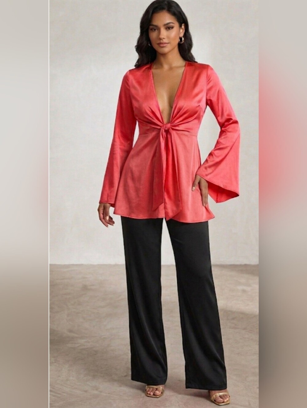 NWT SHEIN Pink Satin Tie-Front Blouse - Bell Sleeves